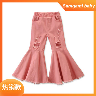 ins百搭儿童时髦毛边牛仔裤 速卖通款 街拍女童糖果粉喇叭牛仔裤