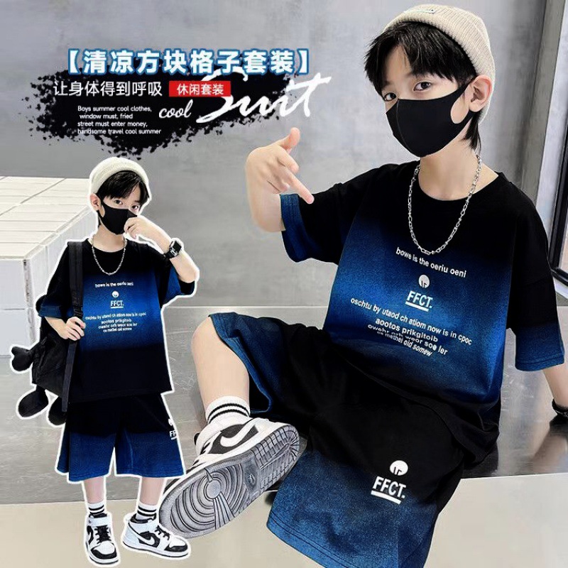 童装男童夏装渐变色套装中大童短袖上衣五分裤儿童运动服两件套