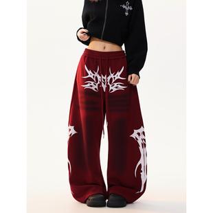 男学生 复古宽松潮牌阔腿拖地裤 黄泥喷漆印花休闲弯刀裤 女美式