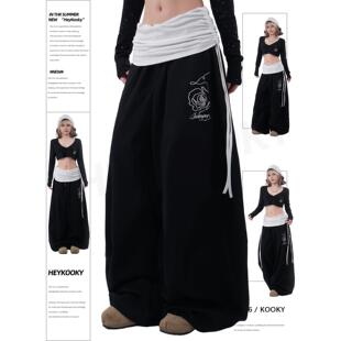 甜酷风爵士双腰头拼接黑色休闲运动裤 女设计感玫瑰抽褶弯刀香蕉裤