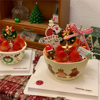 圣诞节摩登三只小熊草莓塔蛋糕碗甜沫儿同款跨年大红色草莓甜品碗