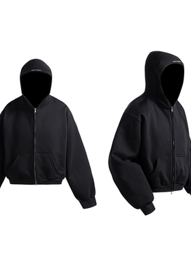 MOKU FLEET黑色重磅加绒连帽拉链cleanfit基础款双拉链卫衣外套