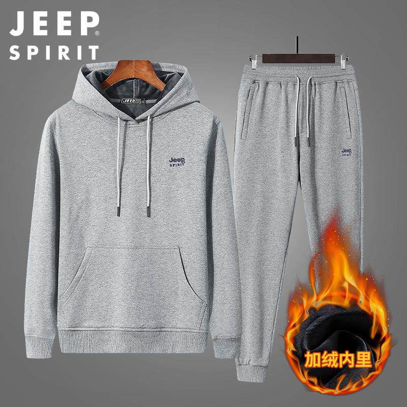 JEEP SPIRIT运动套装男士秋冬季加绒中年休闲卫裤连帽卫衣两件套