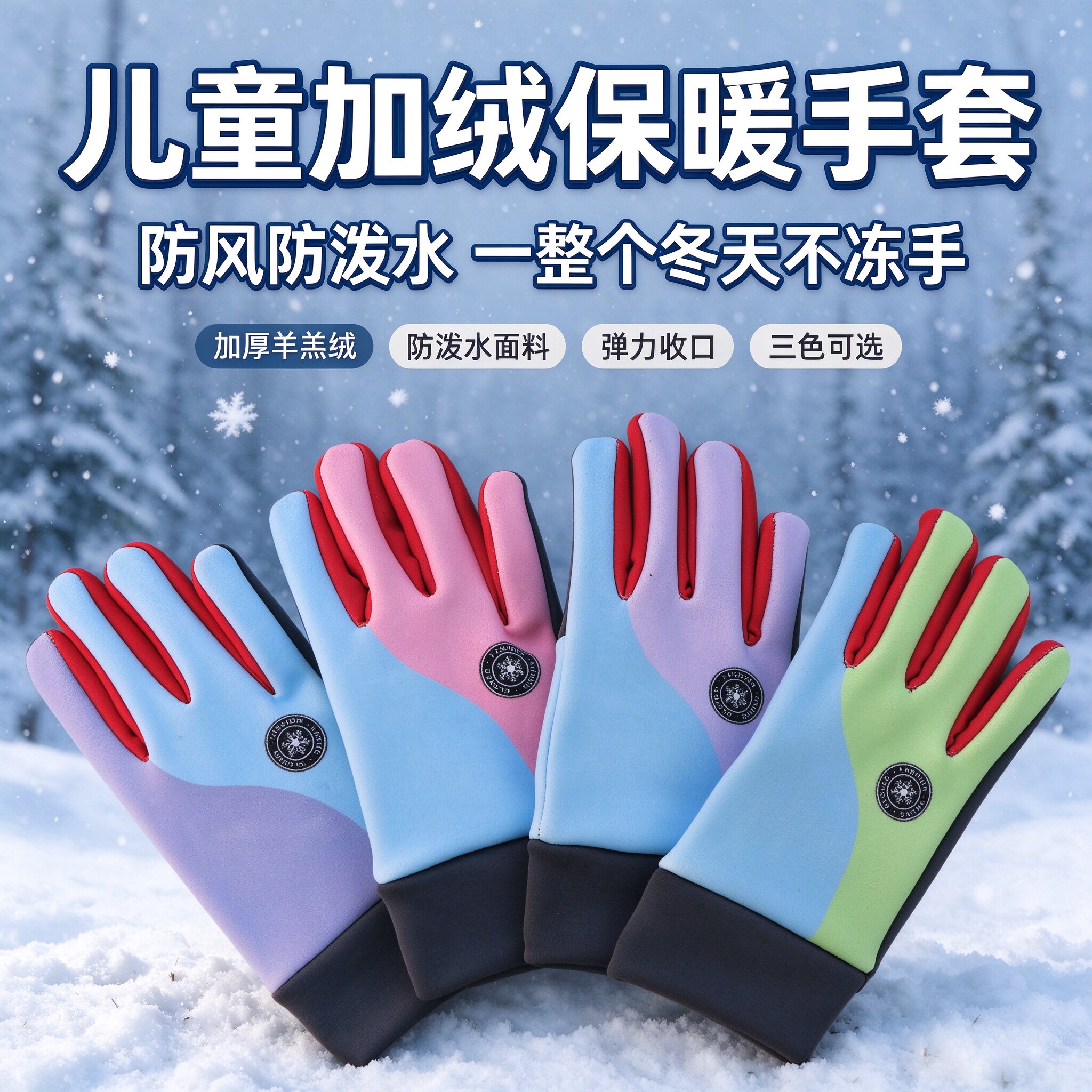 加绒儿童保暖手套防风防泼水