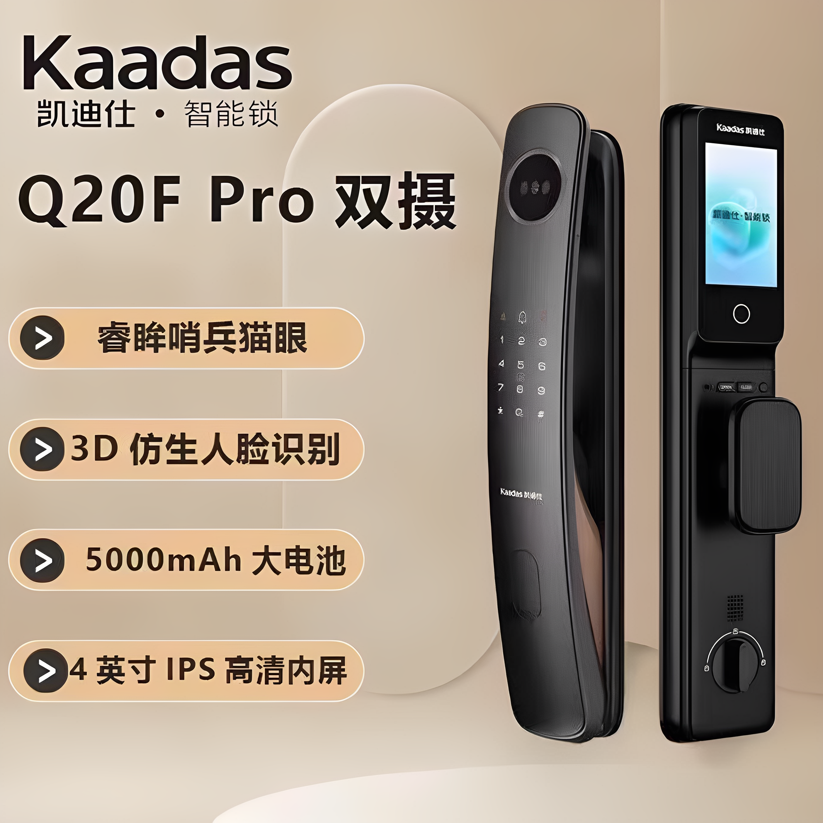 凯迪仕Q20FPro双摄V2人脸识别指纹密码电子锁入户家用智能门锁