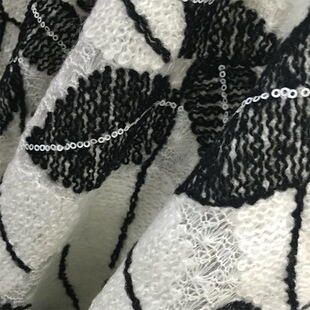 法产马海毛刺绣亮片镂空秋冬布料弹力黑白花色针织毛衣服装面料