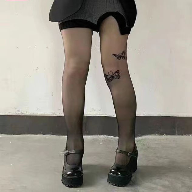 纹身丝袜黑丝春秋款女纯欲防勾丝袜子打底袜蝴蝶白丝连裤袜丝滑