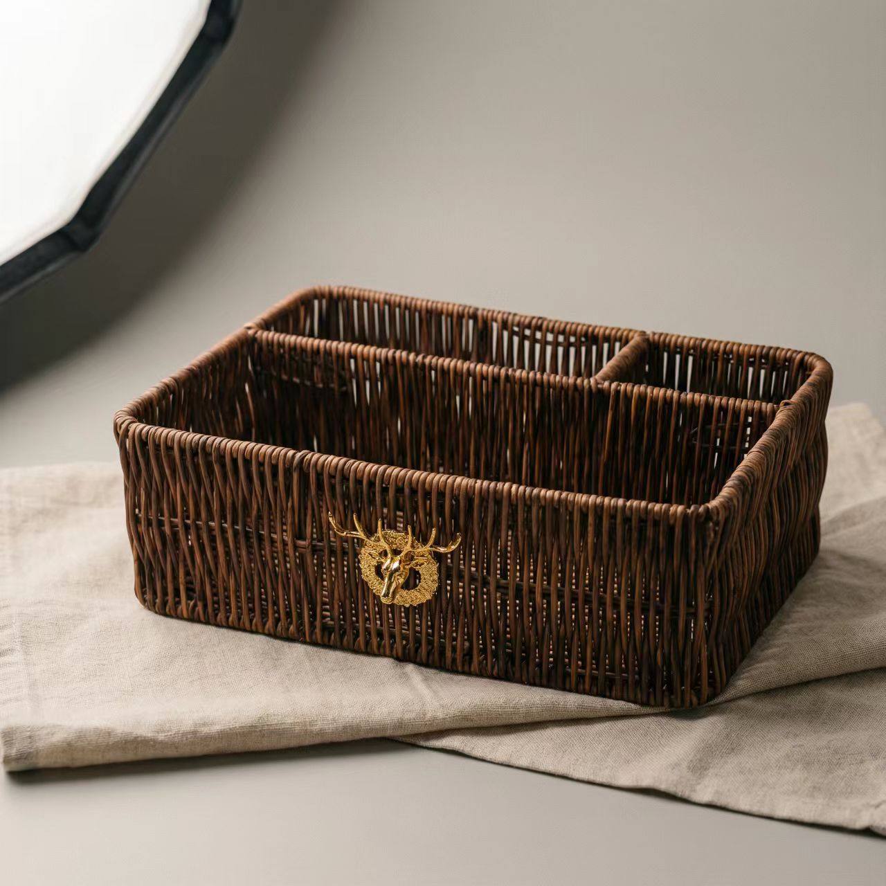 家藤长方三格仿藤编收纳筐 金鹿手工编织三格茶几收纳篮藤编果盘,收纳整理,脏衣篮,淘宝优惠券,粉丝福利购,淘宝优惠卷