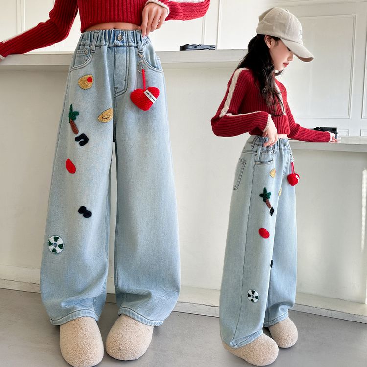 女童牛仔裤加绒2025新款中大童宽松直筒百搭休闲裤儿童长裤