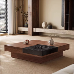 意式 百搭小户型茶几 复古风胡桃实木客厅可储物正方形中古风时尚