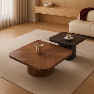 现代简约小户型中古风正方形法式 家用客厅百搭极简实木组合茶几