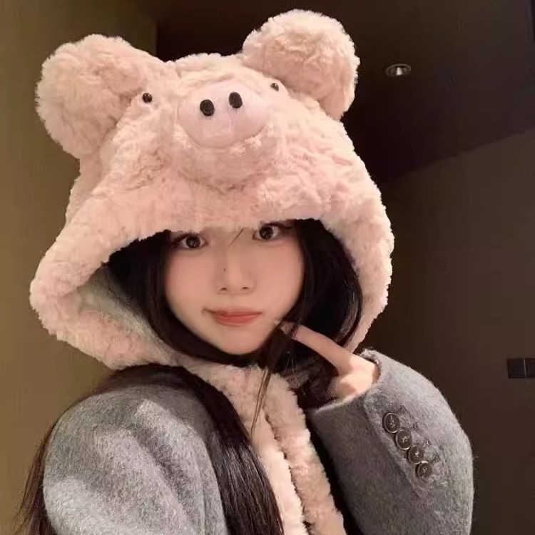 可爱卡通粉色小猪帽保暖加厚秋冬