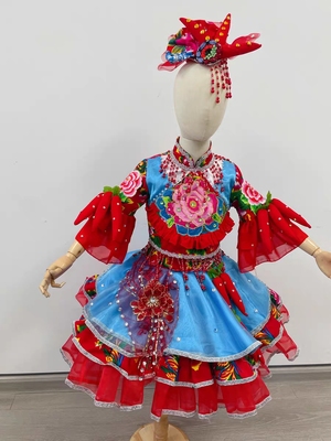 快乐阳光女童独唱演出服陕北民歌民族风礼服裙辣椒红又红幺妹儿乖