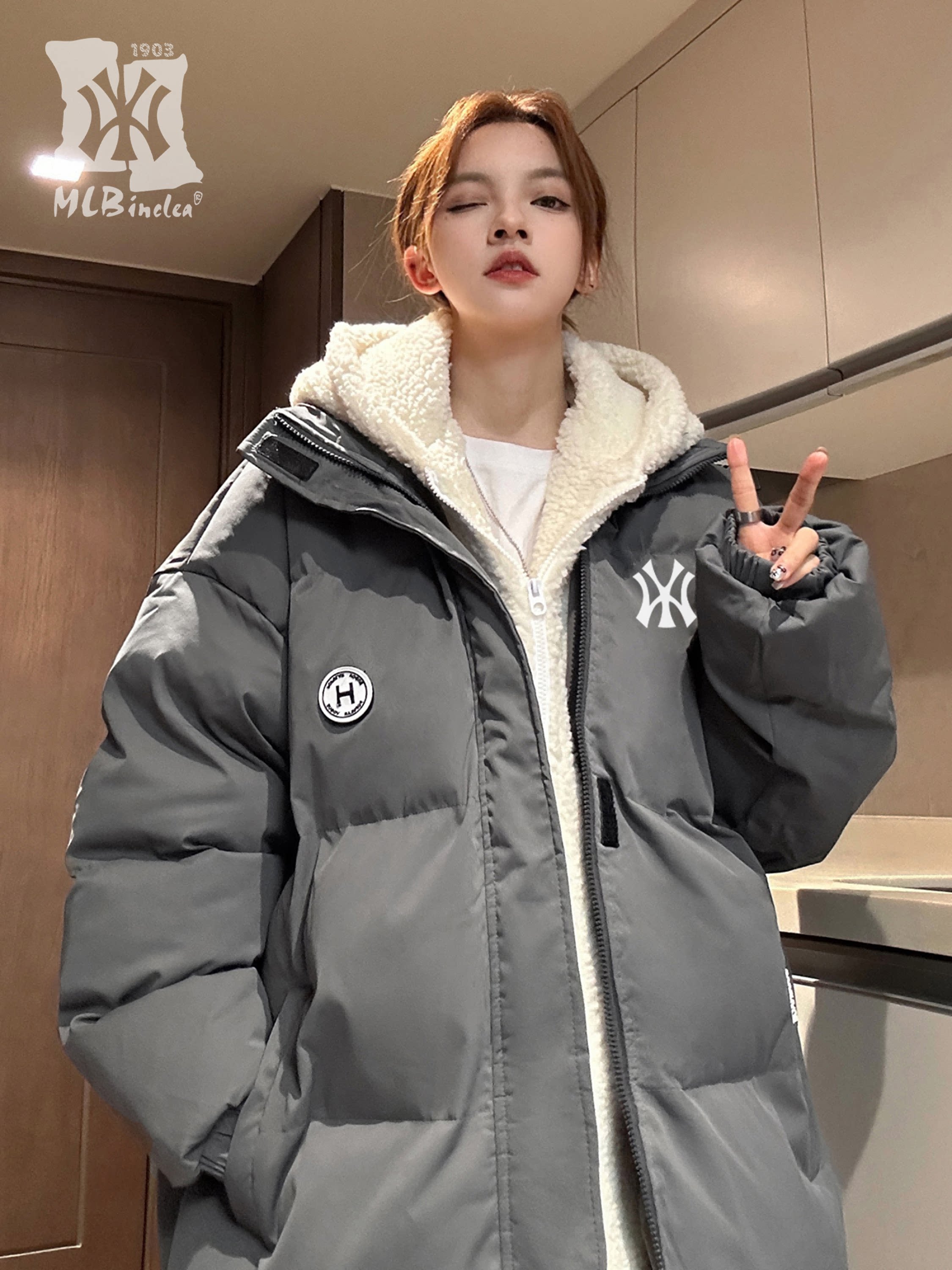 MLBINCLEA 남녀공용 페이크 투피스 다운 코튼 자켓 도톰한 겨울룩 커플자켓 후드빵수트