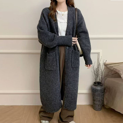 慵懒风针织开衫毛衣过膝加厚口袋上衣设计感秋冬V领韩版长款外套