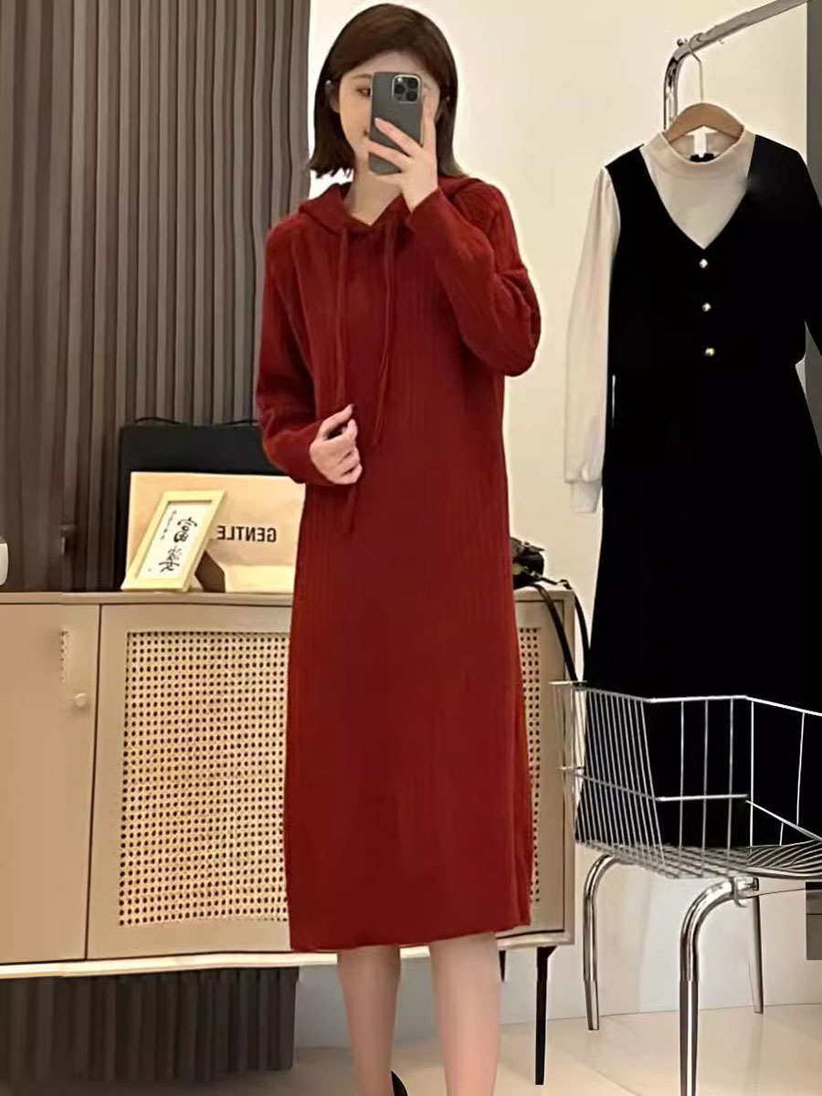 宽松慵懒风针织连帽毛衣裙