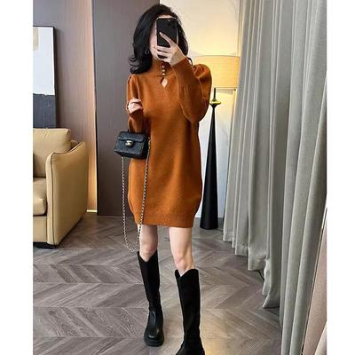 针织洋气中国红中长款连衣裙