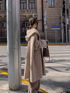 连帽线衣针织开衫 宽松外搭慵懒风毛衣外套浴袍大衣厚 女秋冬中长款