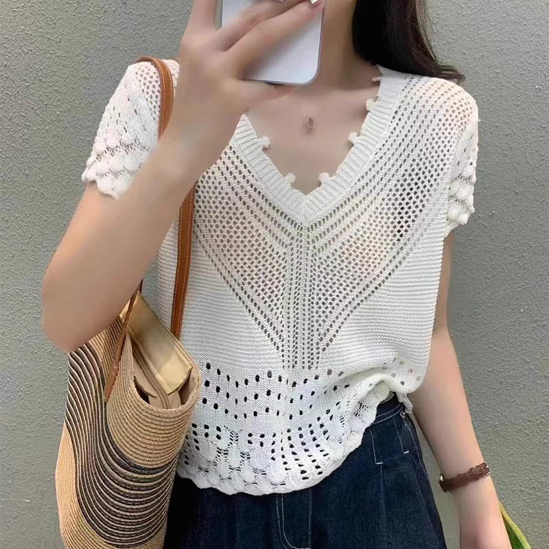 夏季新款镂空针织短袖T恤