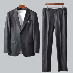 单排扣灰色条纹西服套装 重磅高奢 商务休闲修身 春季 男 线下3000