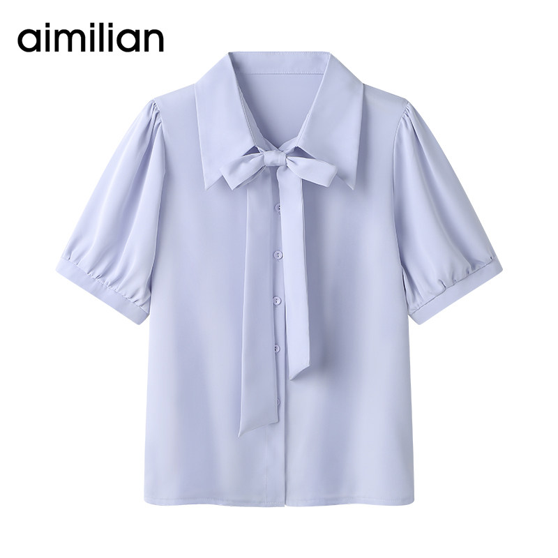 艾米恋蝴蝶结雪纺衬衫女士蓝色短袖衬衣夏白色气质设计感法式上衣