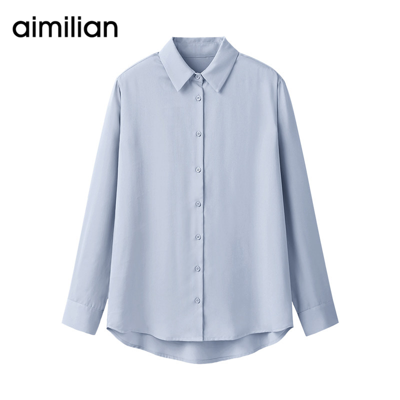 艾米恋长袖雪纺白衬衫女士春秋季职业装上衣免烫气质面试蓝色衬衣