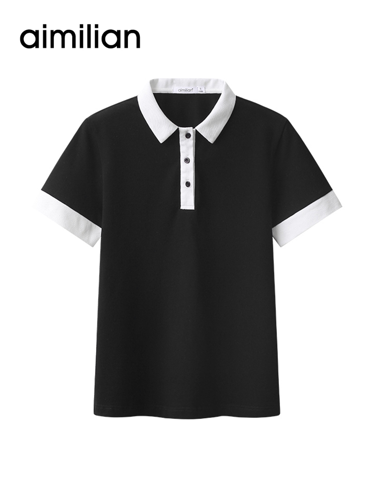 Amy love lapel t-shirt women's polo shirt 2021 summer new cotton slim black short-sleeved women's top