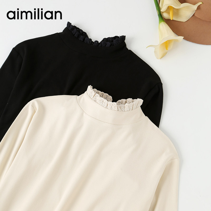 艾米恋半高领蕾丝打底衫女秋冬洋气内搭黑色加绒加厚t恤德绒上衣