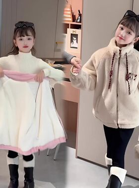 送包包女童冬季加绒加厚毛毛衣中大童女孩时髦休闲网红棉服外套潮