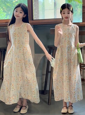 女童2026夏季新款连衣裙中大童少女文艺碎花过膝长裙无袖透气裙子