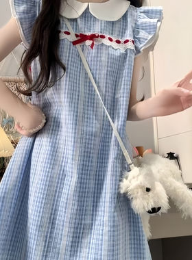 女大童巨好看的裙子女童小飞袖娃娃领格子连衣裙夏季2026新款儿童