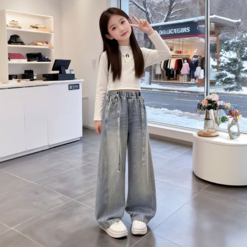 女童烫钻牛仔裤春秋季2026新款儿童洋气时髦阔腿裤春装女大童裤子
