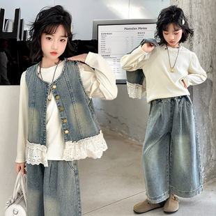 開春秋季 女大童2025新款 兒童女孩初中生洋氣時髦牛仔馬甲套裝 春裝