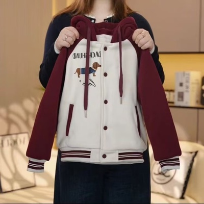 安可拉红夹棉棒球服女童秋冬新款洋气拼色绗棉加厚连帽夹克棉服潮