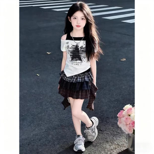 女童套装夏季2026新款儿童洋气露肩短袖T恤夏装女孩半身裙两件套