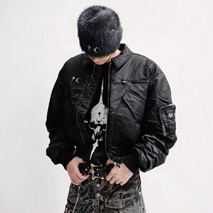 背后缩褶短宽 club秋冬美式 Bomber飞行夹克棉服外套男 Thug 重磅