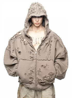 限定 Latui Atelier朴彩英Rose同款高街大破坏做旧拉链连帽卫衣