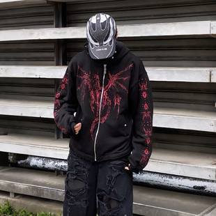 THUG CLUB重磅龙骨恶魔印花铆钉秋冬美式做旧拉链连帽卫衣外套