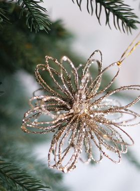 外贸设计师款镂空铁艺圣诞花造型金色银色香槟色圣诞挂件圣诞装饰