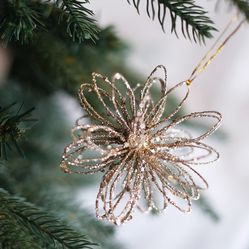 外贸设计师款镂空铁艺圣诞花造型金色银色香槟色圣诞挂件圣诞装饰