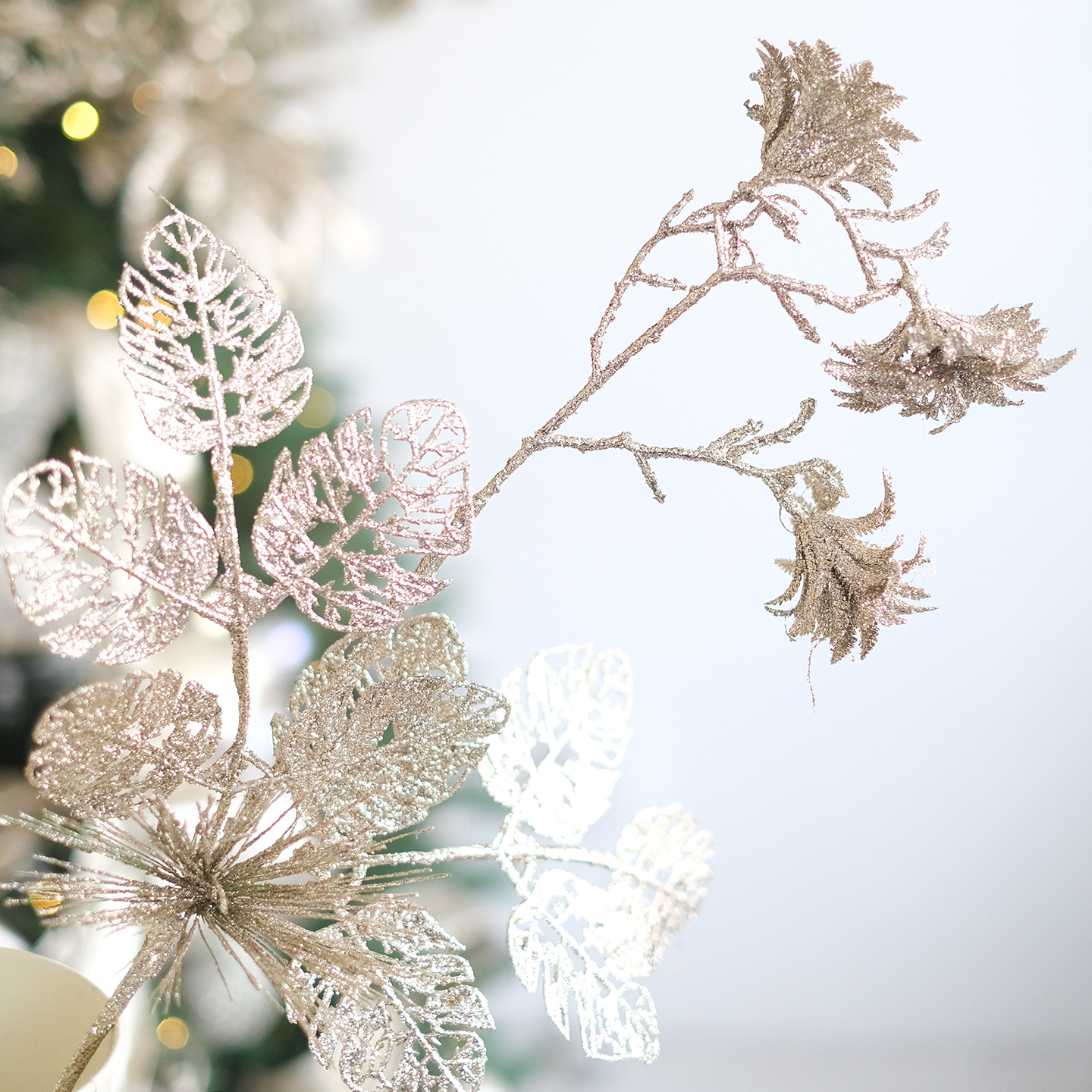 BG香槟色系插枝叶子创意圣诞饰品圣诞树布置新年花艺圣诞花艺配饰