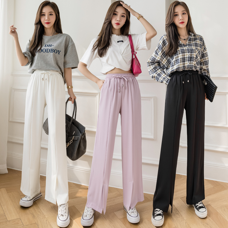 Real shot: ice silk split leg women 2021 summer new Elastic Waist Chiffon high waist casual pants suit pants women