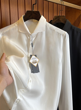 【金字塔尖】100%22姆米桑蚕丝温莎一字领骨感纯色真丝长袖衬衫男