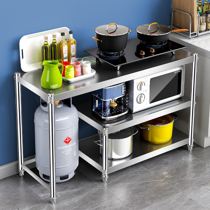 不锈钢台面煤气灶台架子落地厨房置物架收纳微波炉架橱柜桌面储物