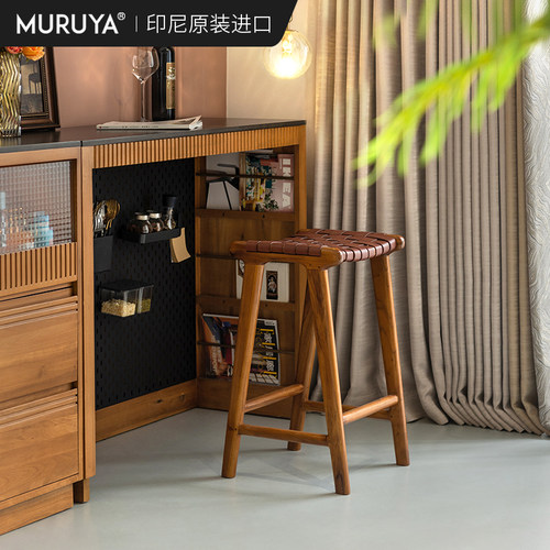 印尼原装进口真皮柚木高脚凳