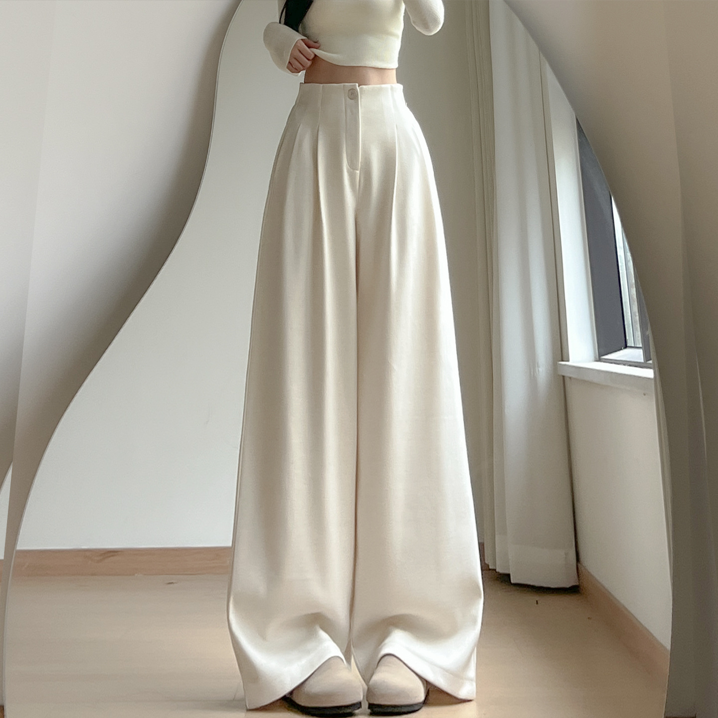 米白色毛呢西装裤女秋冬2025季新款高腰宽松显瘦高级感阔腿糯米裤
