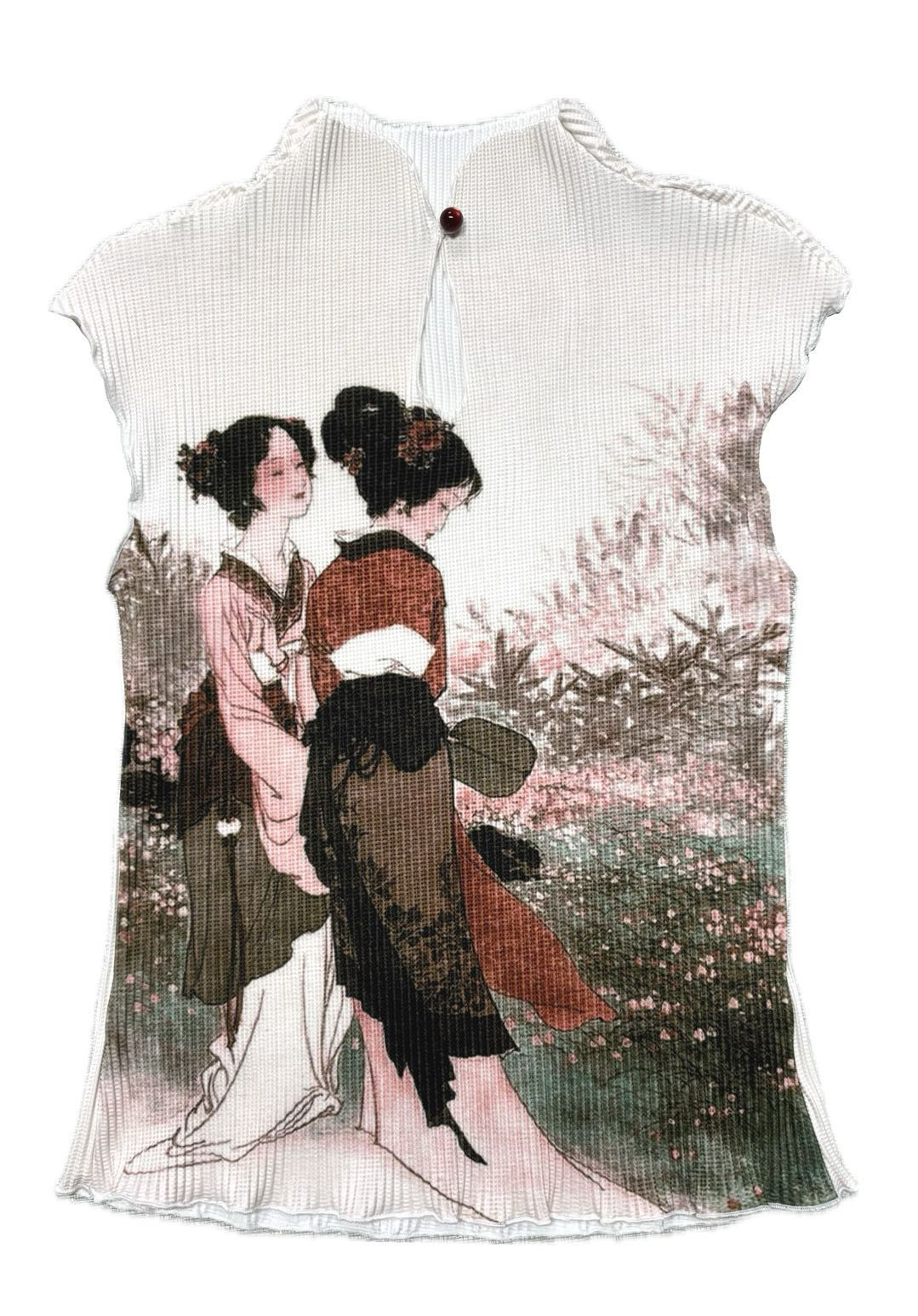 情绪磁场 仕女图压褶上衣小众印花复古弹力背心旗袍领新中式古典