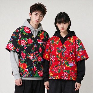 秋冬季新款国潮半袖棉马甲男女牡丹花保暖背心坎肩半袖棉服外套潮