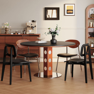 金属腿家用北欧岩板复古实木圆桌
