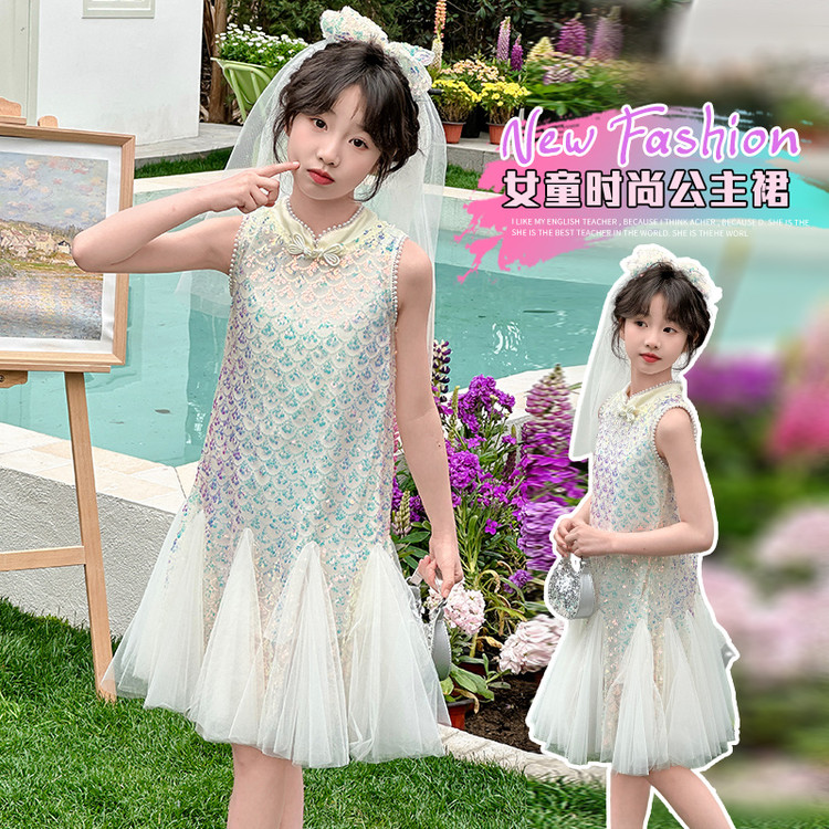 2025夏季女孩蝴蝶结人鱼亮片裙女童无袖连衣裙大童洋气公主裙